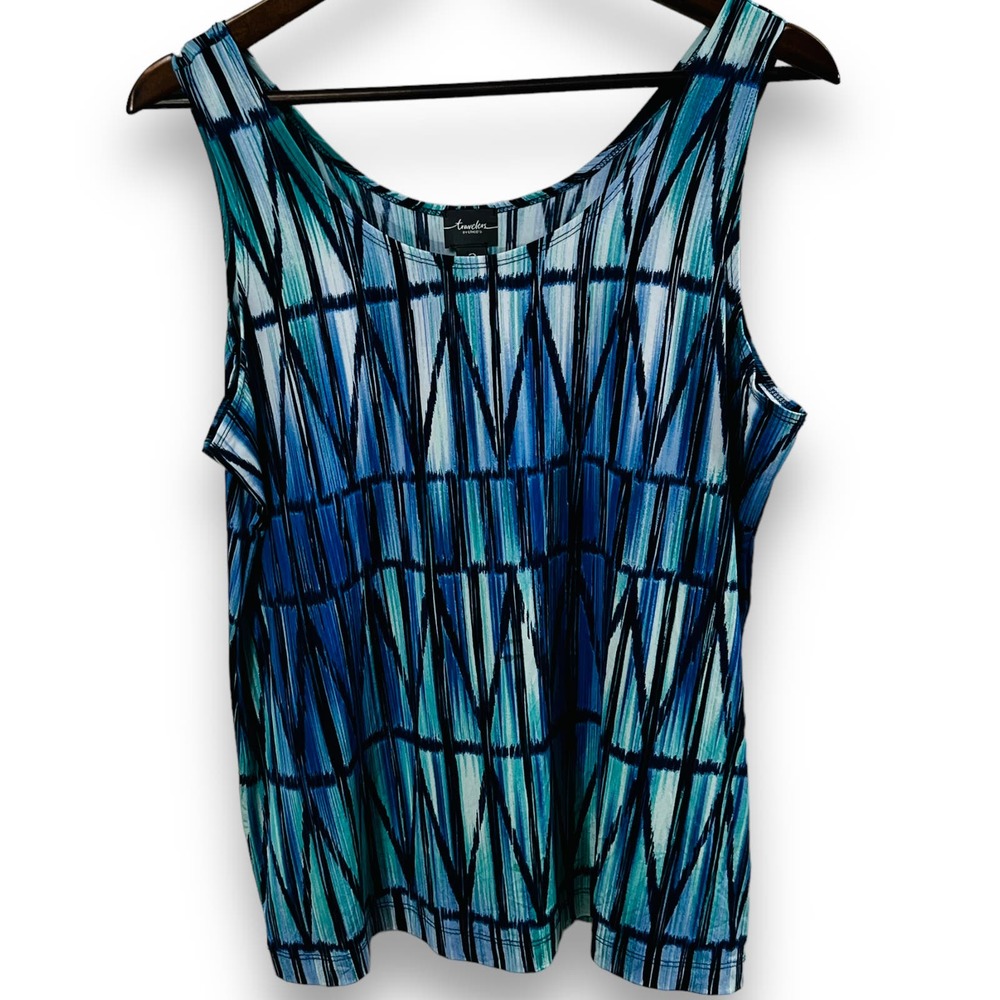 Chico's Travelers Tank Top Womens Size 2 or Large Blue Ikat Stretch Coastal